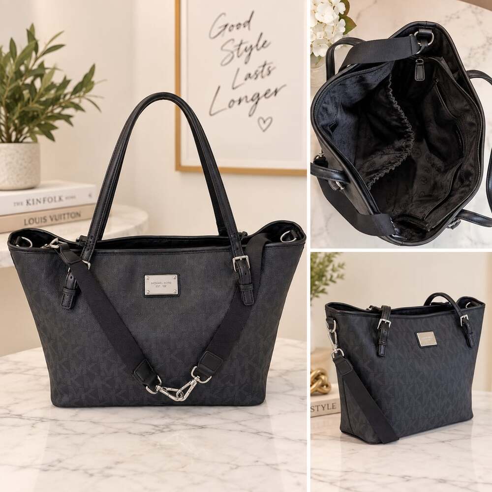 Michael Kors Black Monogram Signature Print Tote Shoulder Bag